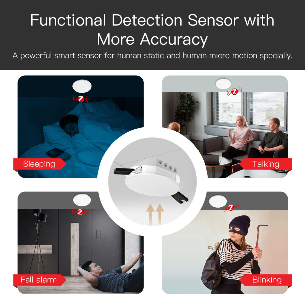 El sensor de detección corporal tiene la función de detección de presencia humana, estática humana, micromovimiento humano y movimiento humano.