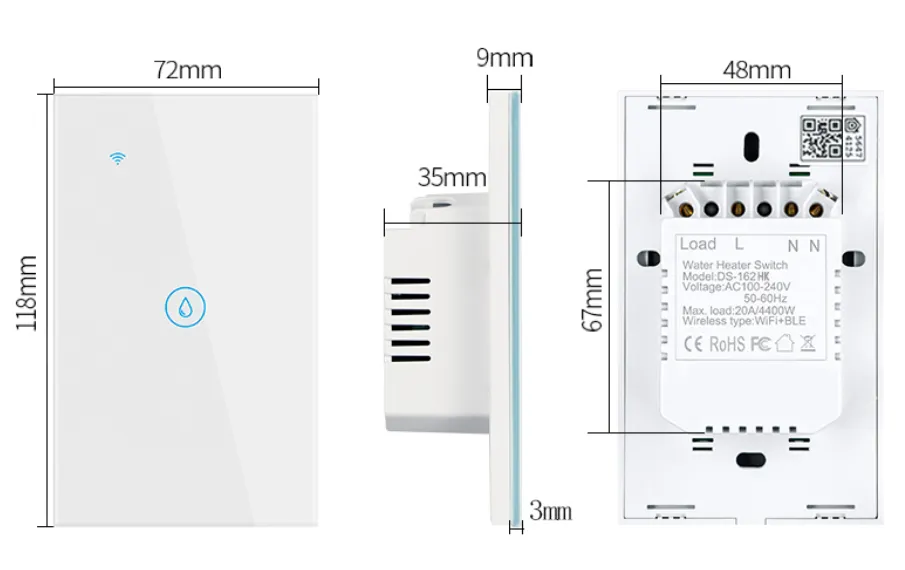 Dimensión del interruptor del calentador de agua wifi inteligente