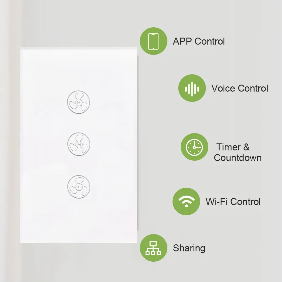 Características del interruptor inteligente para ventilador de techo.