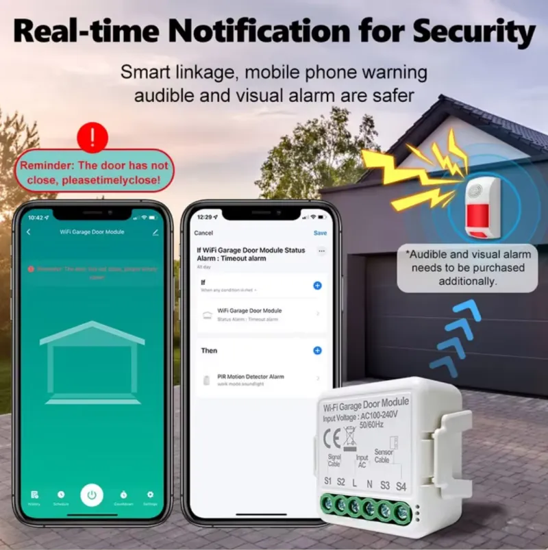 The garage door opener sends a real-time alert to my phone indicating that the garage door is currently open
