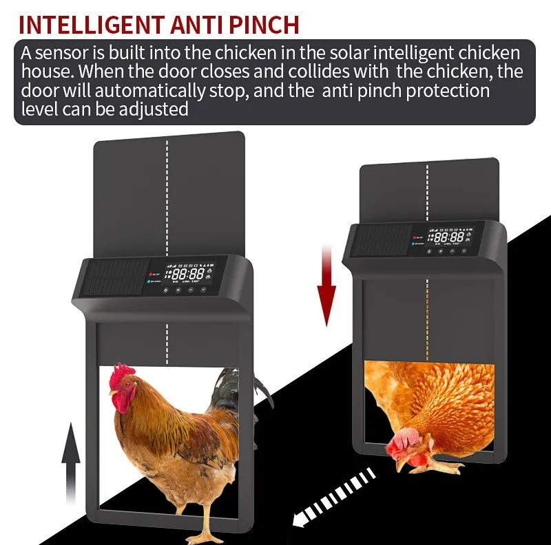 The smart chicken coop door has an intelligent anti-pinch function