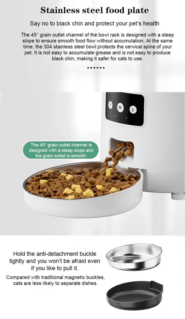 A smart pet feeder featuring a stainless steel food plate