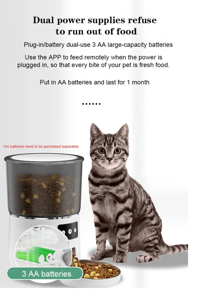 Plug-in or battery-powered smart pet feeder with 3 AA large-capacity batteries