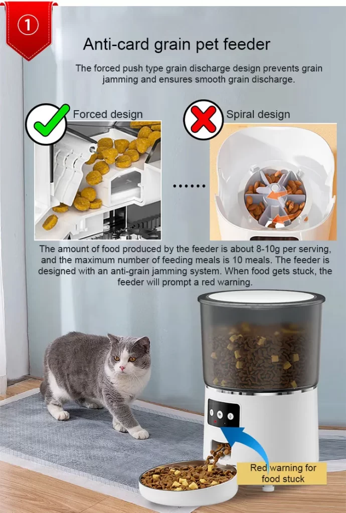 The smart pet feeder features an Anti-Stuck grain design