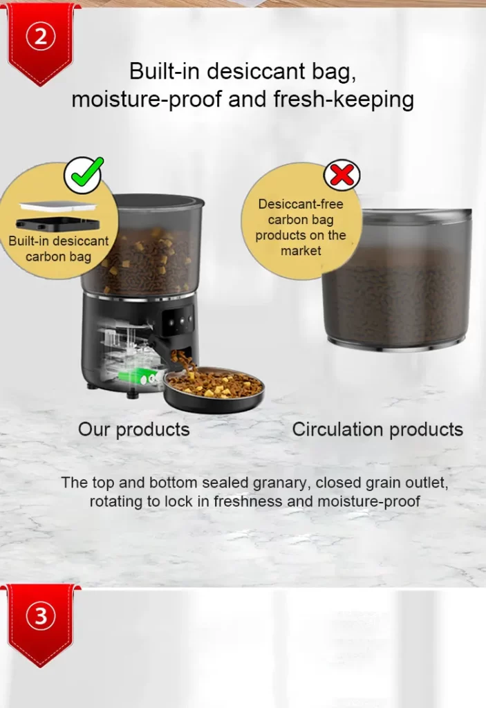 The smart pet feeder includes a built-in desiccant bag for moisture-proofing and keeping the food fresh