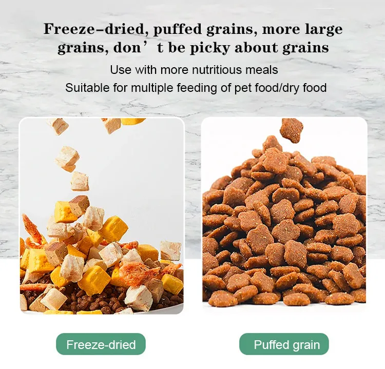 The WiFi automatic cat feeder is designed to hold freeze-dried, puffed grains, and larger grains