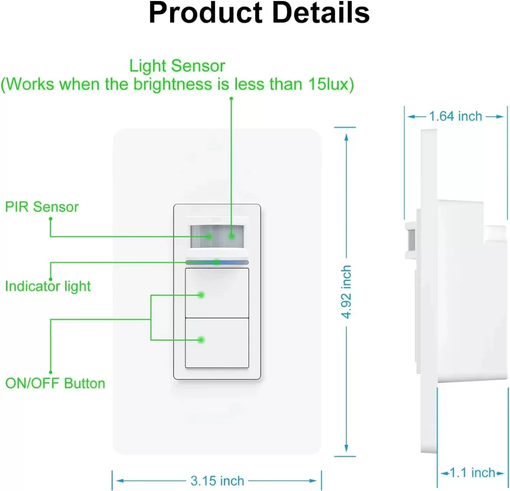 Product details of the smart light switch with motion sensor