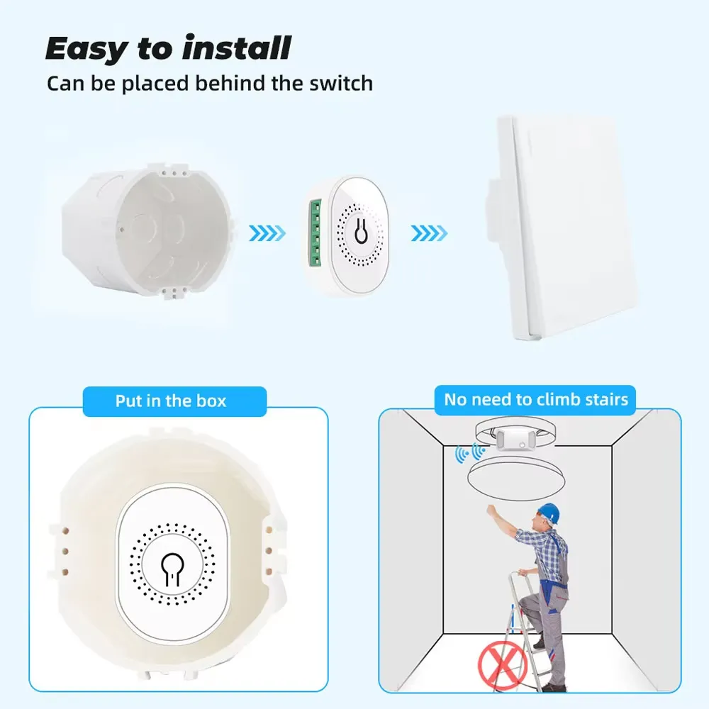 The WiFi smart switch module is placed behind the switch