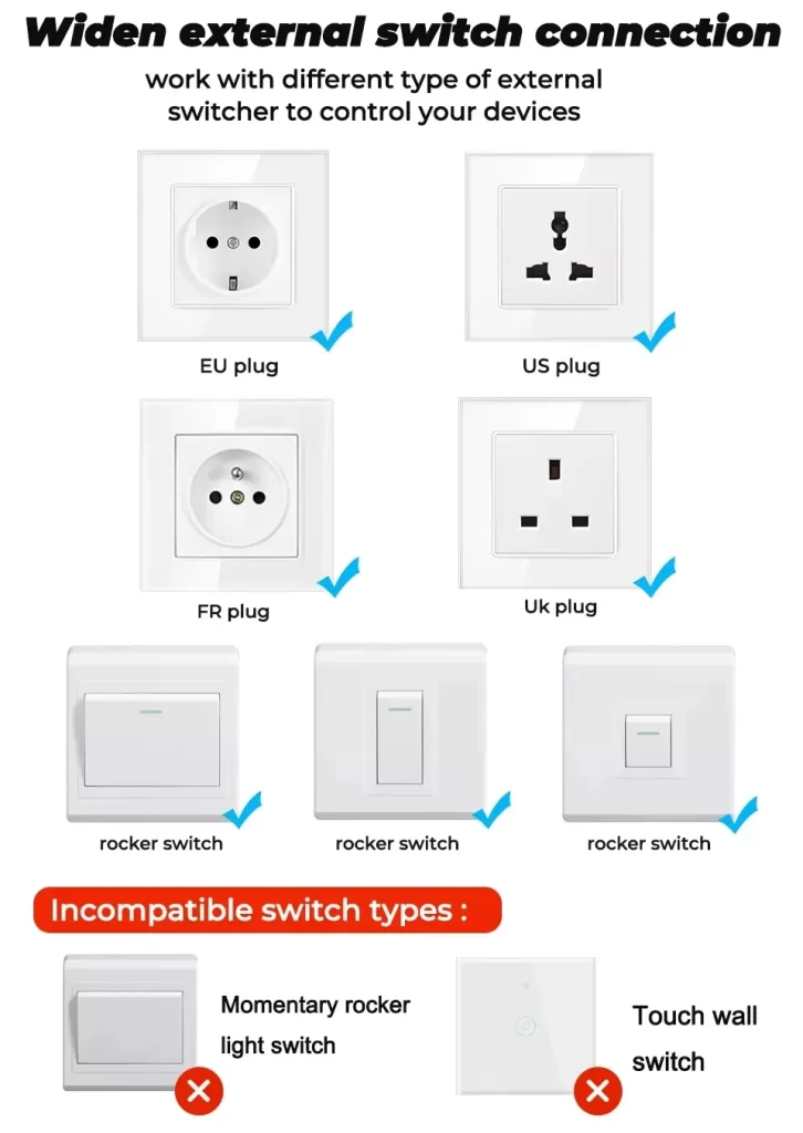 The WiFi smart switch module can work with different types of external switchers