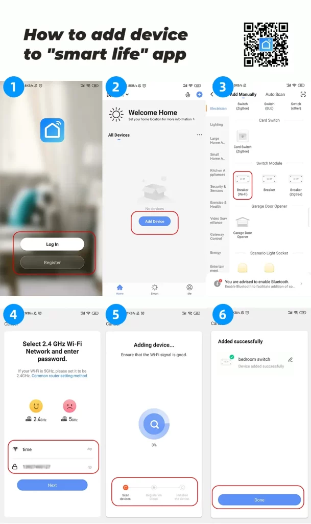 Steps to add a smart modular switch to the "Smart Life" App