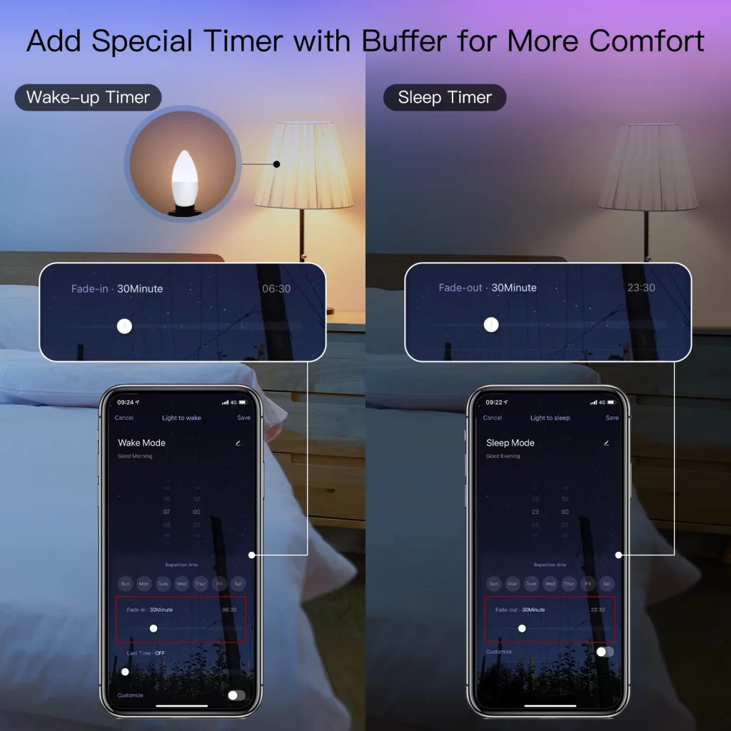 The WiFi candle bulb has a wake mode and a sleep mode