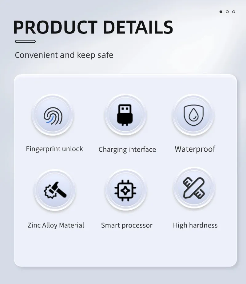 Product details of a silver fingerprint padlock, featuring a convenient and secure design suitable for various scenarios including backpacks, suitcases, lockers, drawers, doors, and closets