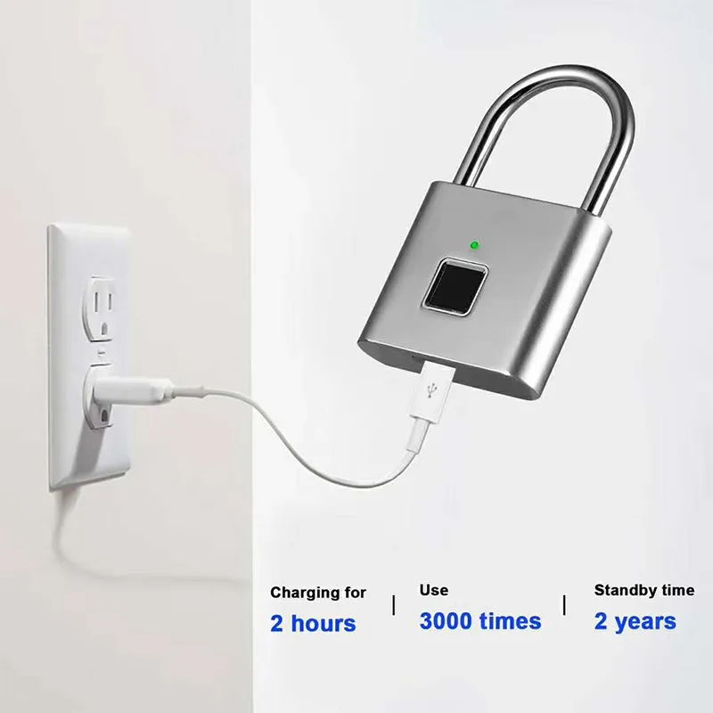 Silver fingerprint padlock with USB charging capability, showcasing a 2-hour charge time for up to 3000 uses and a standby time of 2 years