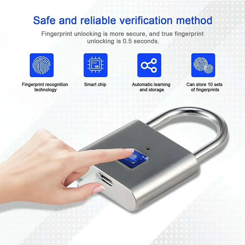 Silver fingerprint padlock with automatic learning and storage, featuring fingerprint recognition technology, a smart chip, and the ability to store 10 sets of fingerprints.