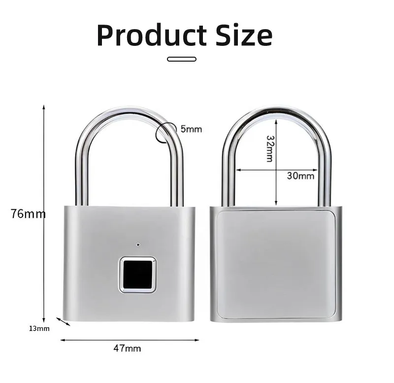 Silver fingerprint padlock with USB charging capability, product size 76mm x 47mm x 13mm