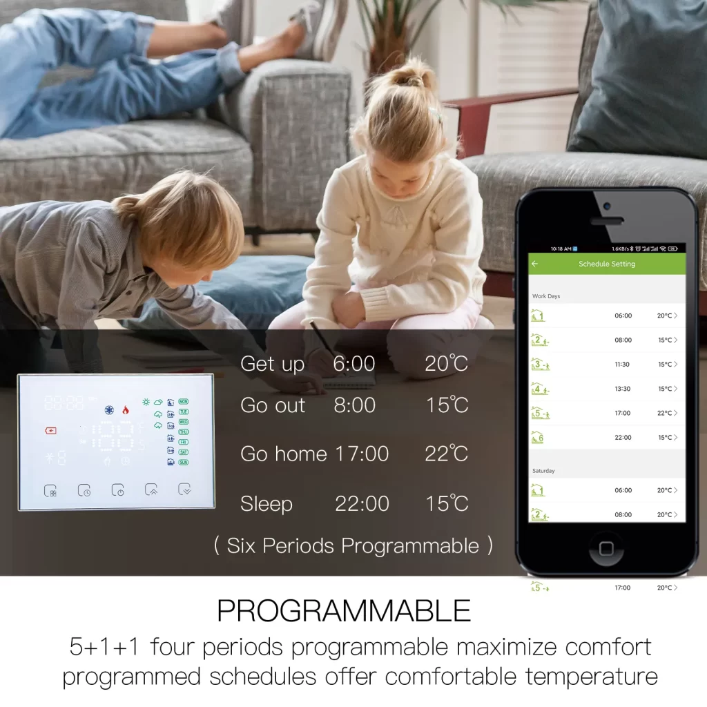 Programmable WiFi thermostat with customizable schedules for optimal comfort, offering flexible temperature control throughout the week.