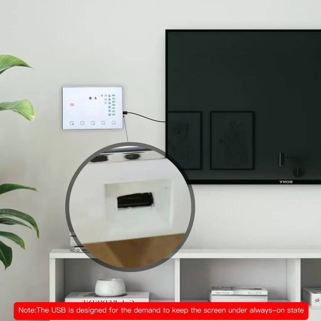 WiFi thermostat with USB port designed for keeping the screen in an always-on state.