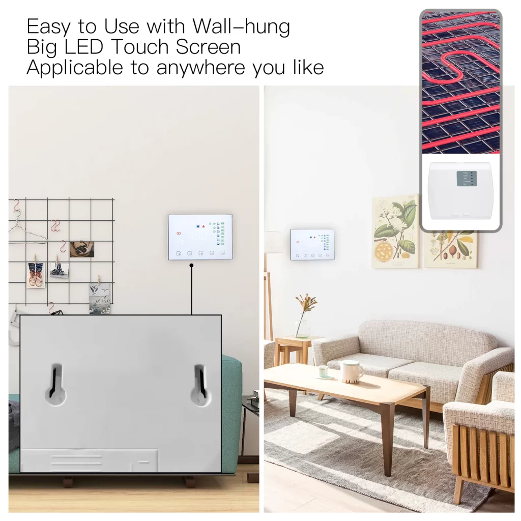 WiFi thermostat with big LED touch screen, easy to use and applicable to wall-mounted installations.