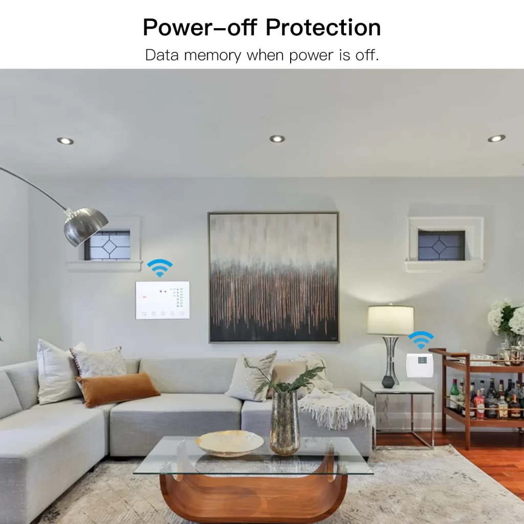 Electric heater WiFi thermostat with power-off protection feature, ensuring data memory retention during power outages.