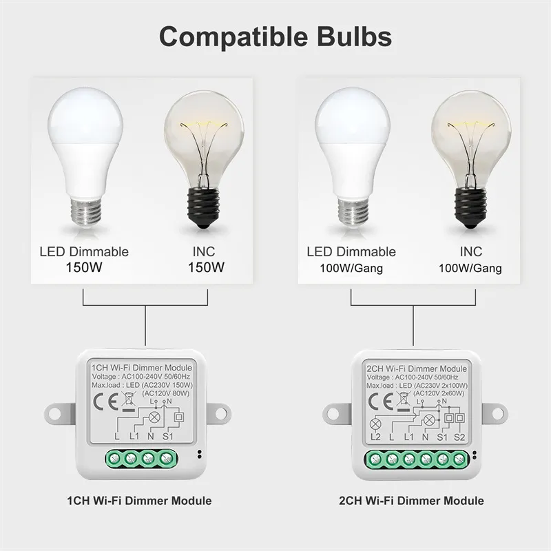 Dimmer switch module compatibility: 1CH supports LED dimmable bulbs up to 150W or incandescent bulbs up to 150W. 2CH supports LED dimmable bulbs up to 100W per gang or incandescent bulbs up to 100W per gang