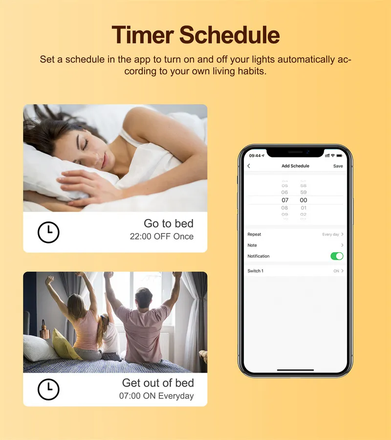 Timer schedule function of the dimmer switch module, allowing you to set a schedule in the app to turn on and off your lights automatically according to your living habits