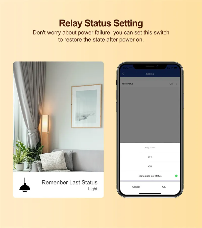 Relay Status Setting feature of the dimmer switch module, allowing you to set the switch to restore its previous state after power on