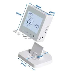 Termostato inalámbrico para caldera de gas con unas dimensiones de 86 mm x 86 mm x 28 mm, con encendido/apagado, botón de función y toma USB.