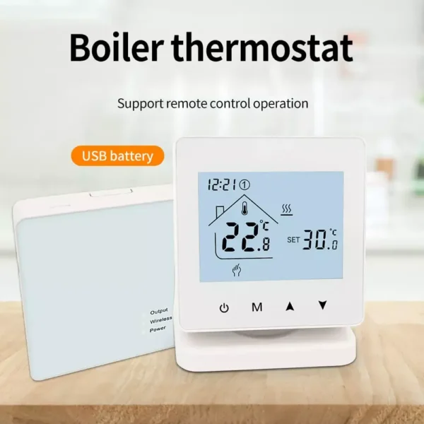 Un termostato digital inalámbrico para caldera de gas con mando a distancia y soporte de batería USB, que indica 22,8°C con una temperatura de consigna de 30,0°C.